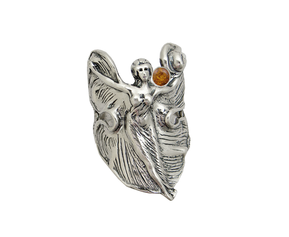 Sterling Silver Dancing Woman Maiden Ring With Amber Size 6